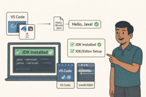 install JDK Windows, JAVA_HOME, set PATH for Java, VS Code Java setup, IntelliJ Java setup, first Java program, javac java commands, java not recognized fix, Tamil Technicians Java course,