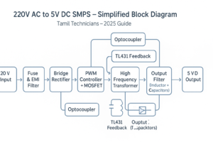 Simplified block diagram of 220V AC to 5V DC SMPS power supply