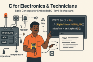 C for electronics, embedded C basics, technicians C course, microcontroller C programming, bits and registers in C, digital I/O in C, Tamil Technicians embedded C, C for embedded systems,