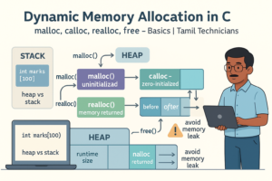 dynamic memory allocation in C, malloc, calloc, realloc, free, heap vs stack, runtime arrays in C, memory leak, C programming in Tamil style, Tamil Technicians C course