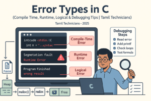error types in C, compile time error, runtime error, logical error, debugging C programs, C warnings, segmentation fault, divide by zero, debug tips in C, Tamil Technicians C course,