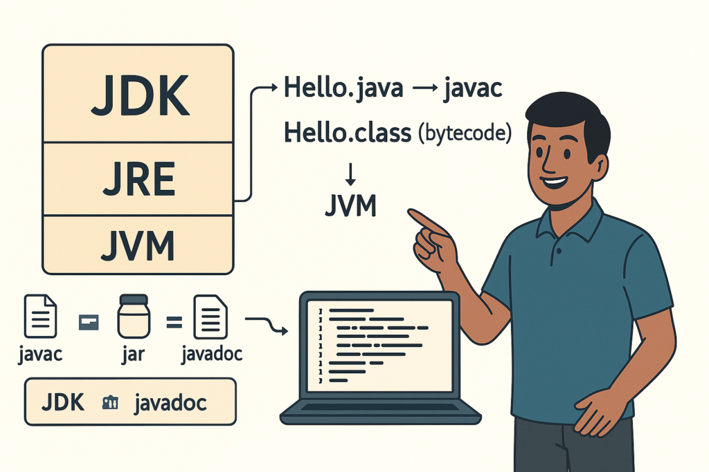 JDK vs JRE vs JVM, difference between JDK JRE JVM, what is JVM, what is JRE, what is JDK, Java bytecode, javac vs java, Java beginner guide, Tamil Technicians Java course,