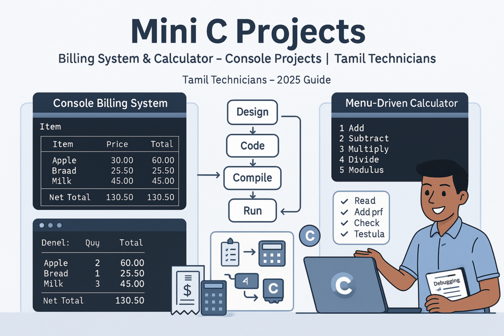 mini C projects, billing system in C, calculator in C, console projects in C, C programming examples, beginner C projects, Tamil Technicians C course, menu driven programs in C, file handling billing system, C project for students,