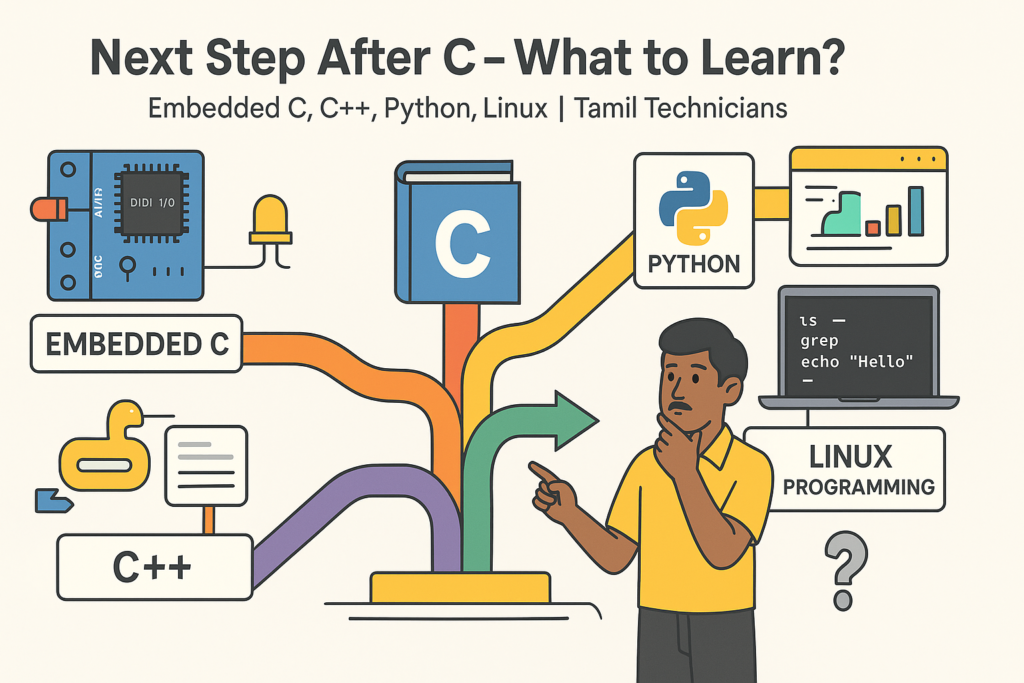 after C language what next, next step after C programming, Embedded C vs C++ vs Python vs Linux, C language roadmap, C language for electronics technicians, career after learning C, Tamil Technicians C course,