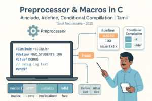 C preprocessor, C macros, #include, #define, conditional compilation, #ifdef, #ifndef, header guards, debug macros, C programming in Tamil style, Tamil Technicians C course