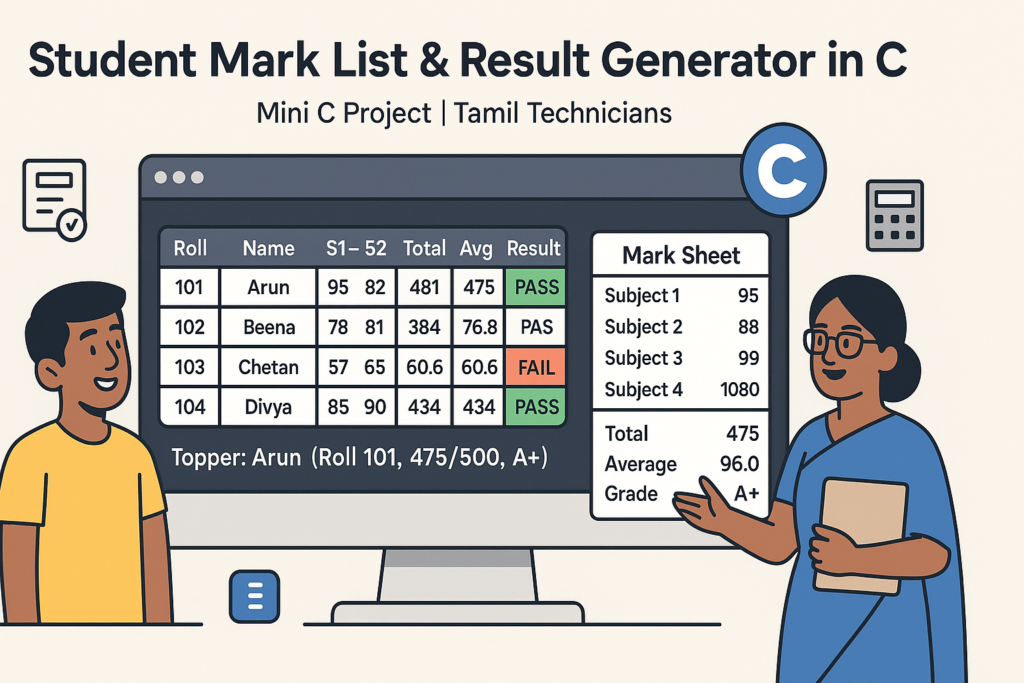 student mark list in C, result generator in C, C mini project, C programming examples, console project, marksheet program in C, grade calculator in C, Tamil Technicians C course, arrays and structs in C, file handling C project,