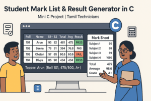 student mark list in C, result generator in C, C mini project, C programming examples, console project, marksheet program in C, grade calculator in C, Tamil Technicians C course, arrays and structs in C, file handling C project,